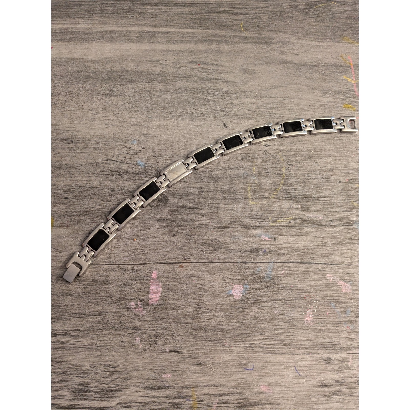 Mens Stainless Steel Black Enamel Link Bracelet Silver Tone 9 Inch Modern Style